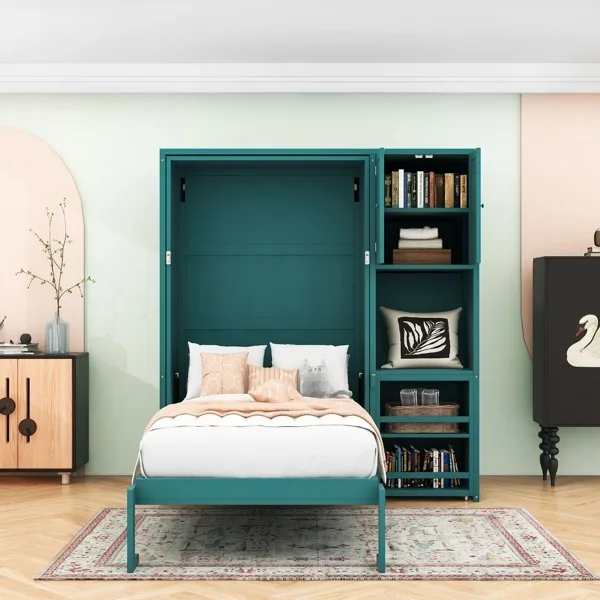Multifunctional Twin Wooden Murphy Bed with Built-in Storage Shelves and Extendable Desk