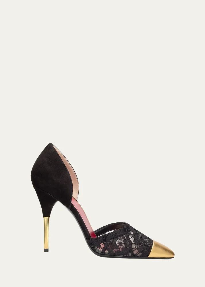 D'Orsay Lace-Embellished Suede Pump