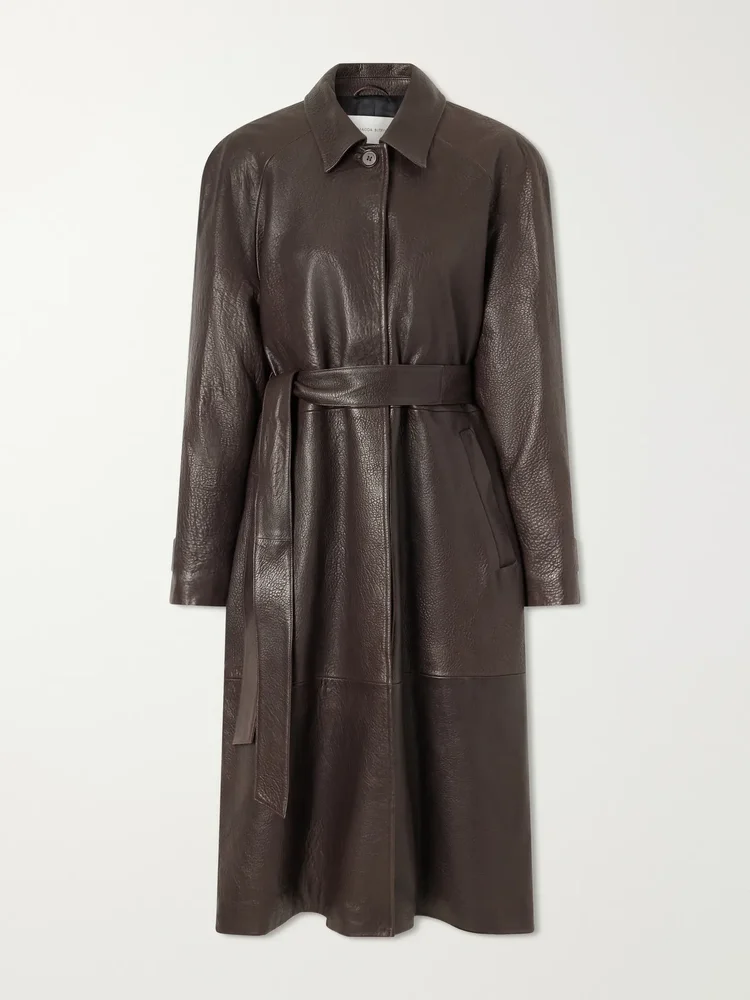 belted leather trench coat