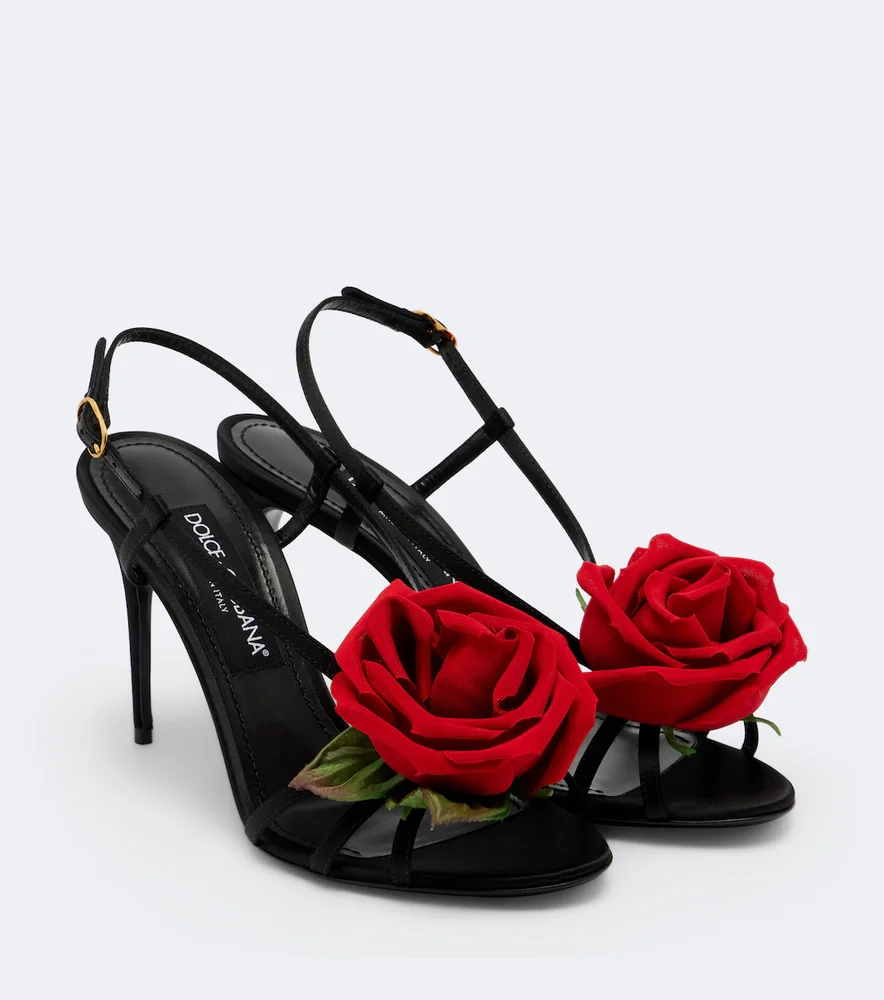 Floral-appliqué satin slingback sandals