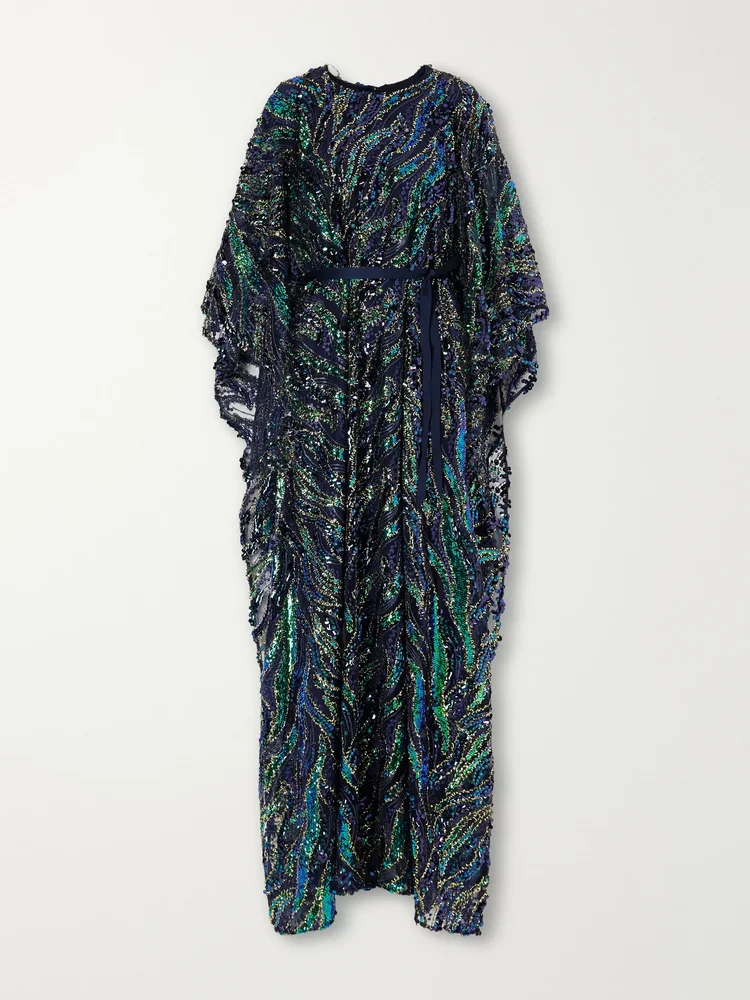 Firefly belted draped sequined tulle gown