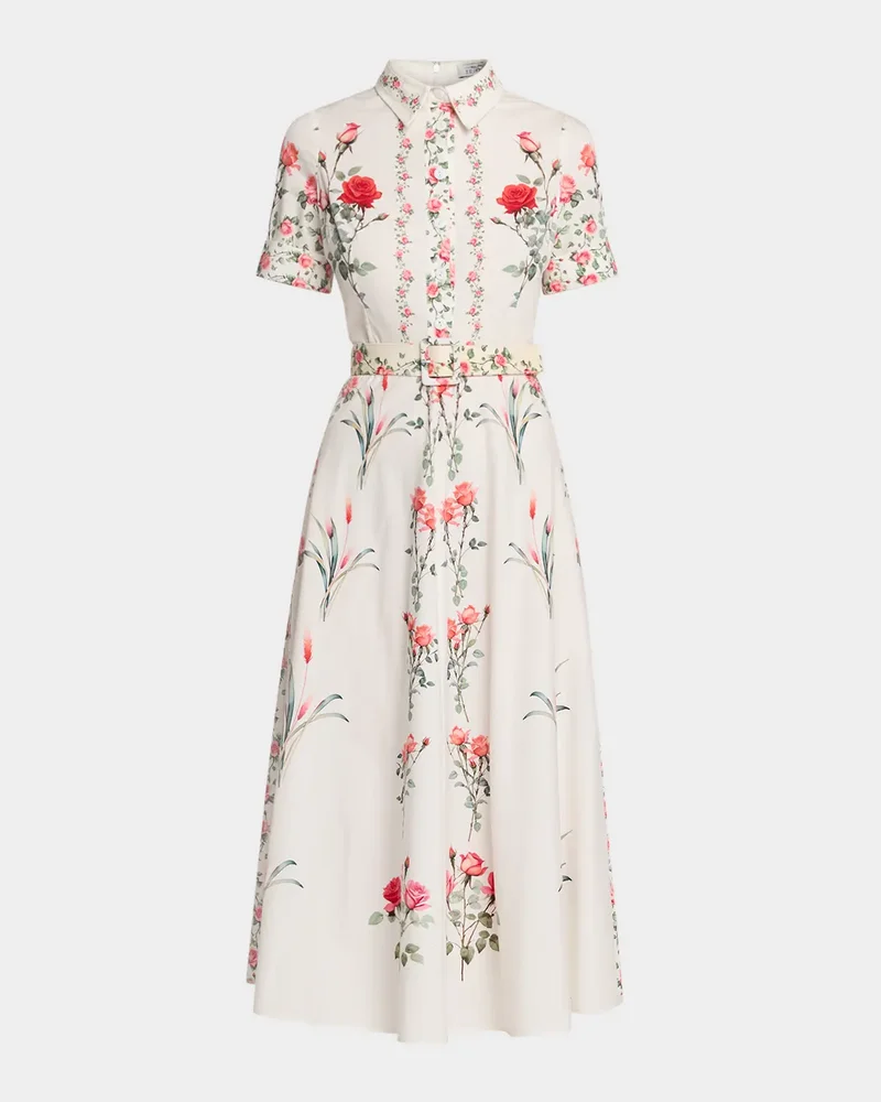 Rose-Print Cotton Collared Shirtdress