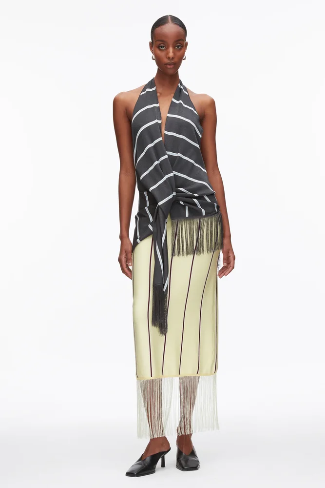 Draped Stripe Halter Top with Fringe