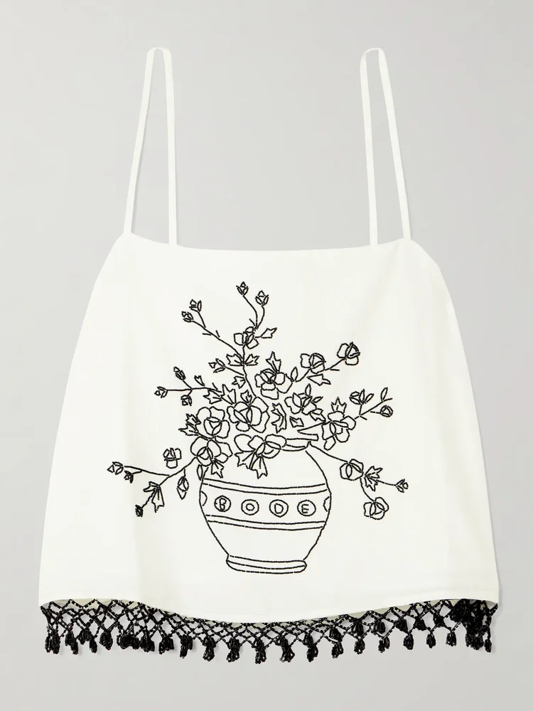 Rosebloom cropped bead-embellished fringed cotton and silk-blend top