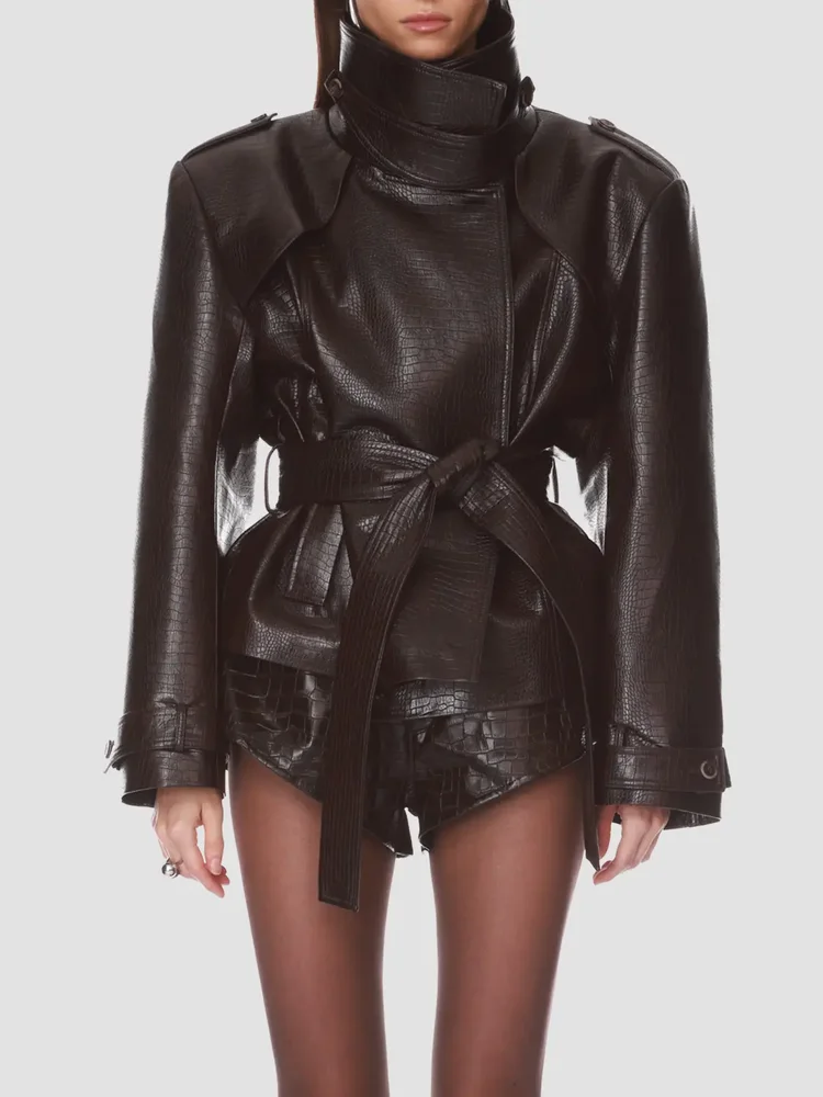 Croc-Embossed Faux-Leather Belted Jacket