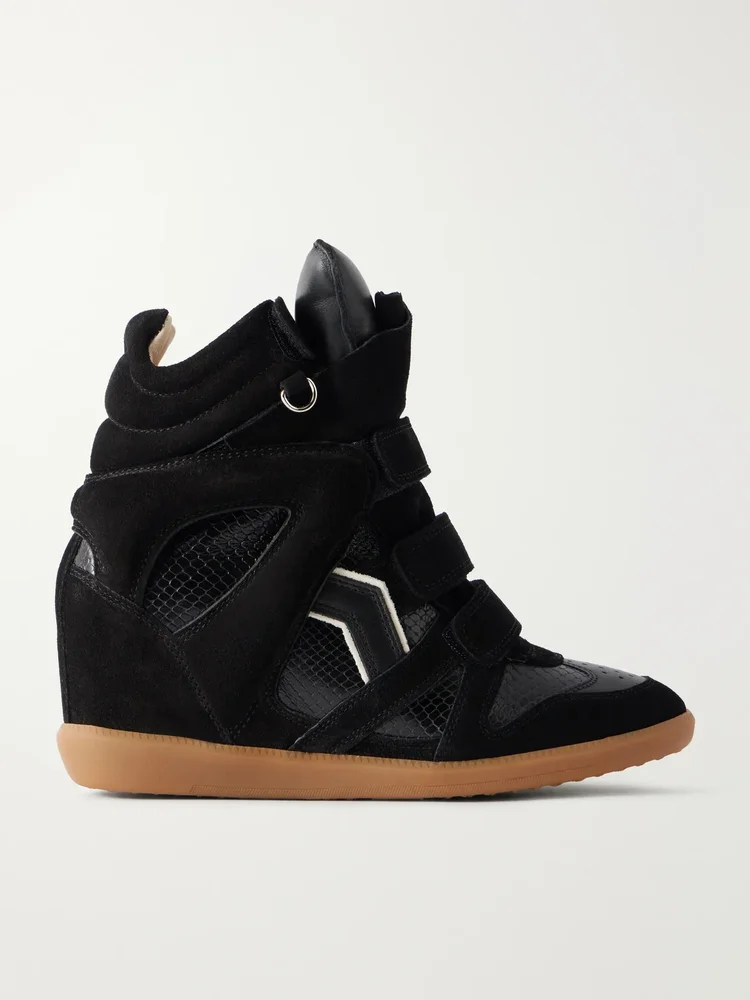 Bekett suede-trimmed snake-effect leather wedge sneakers