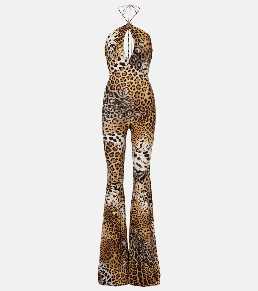 Jaguar-print cutout jersey jumpsuit