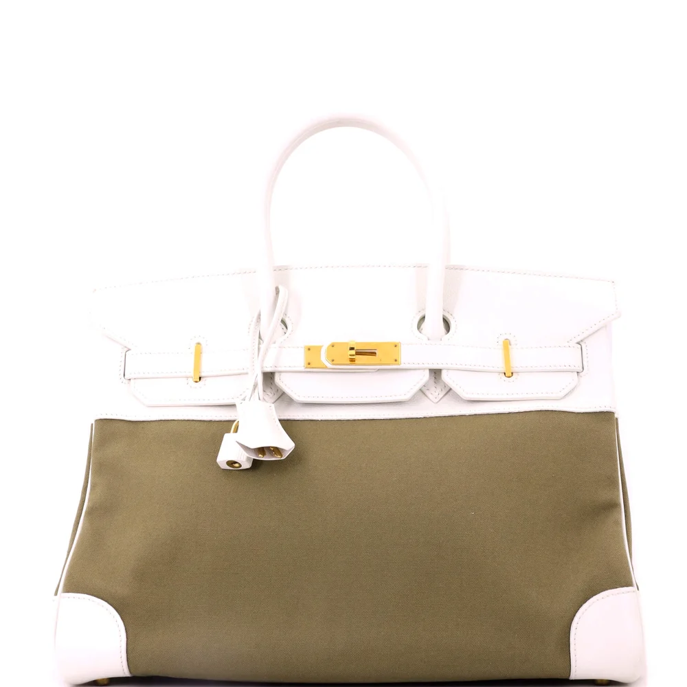 Pre-Owned Birkin Handbag Toile and Blanc Courchevel with Gold Hardware 35
