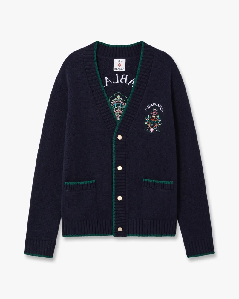 Navy Hotel Emblem Embroidered Wool Cardigan