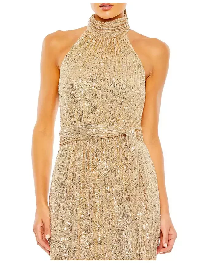 Sequined Halter Neck Belted Soft Tie Dress
