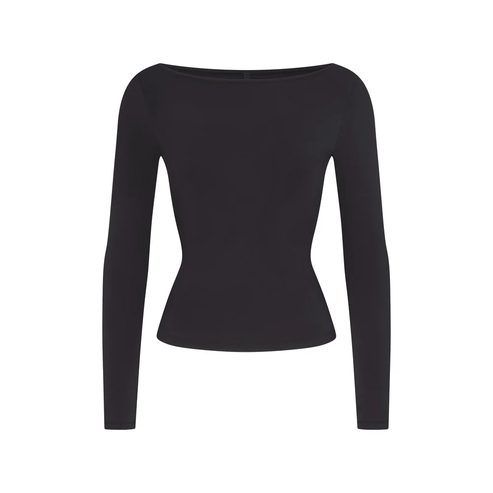 Cotton Jersey Long Sleeve Boatneck Top | Soot