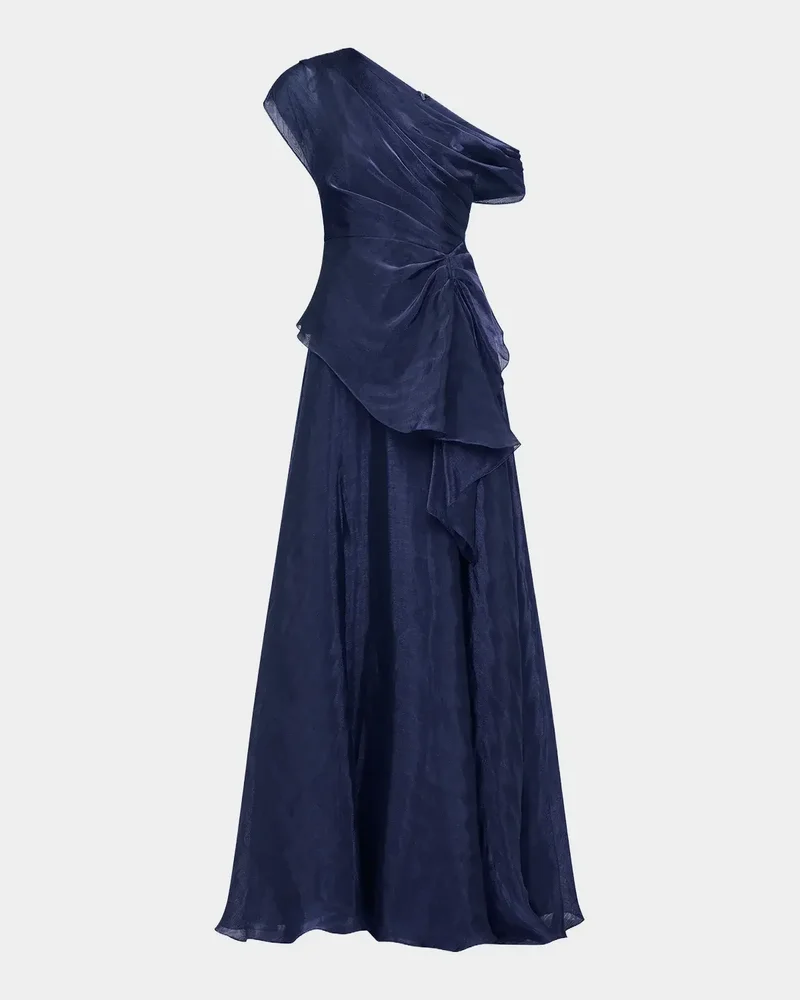 Avalina Draped Organza Lame Peplum Gown