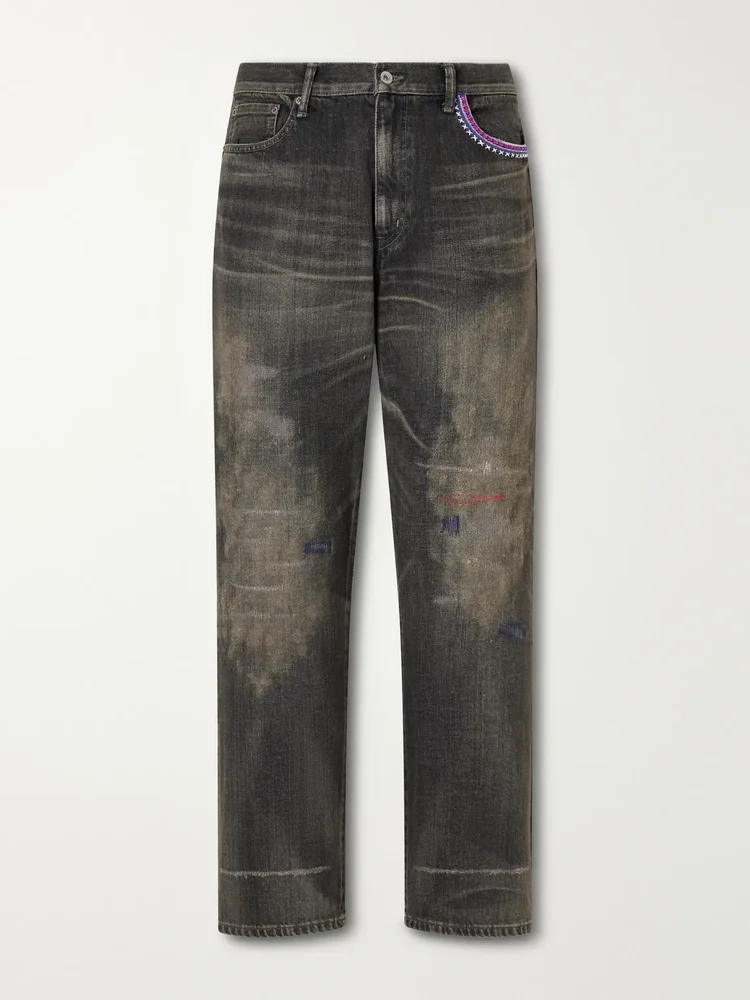 Savage Straight -Leg Bead-Embellished Distressed Jeans