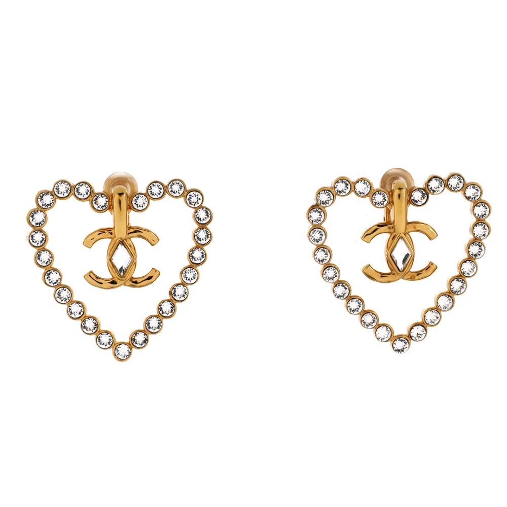 Pre-Owned CC Heart Cut Out Stud Earrings Metal with Crystals Large