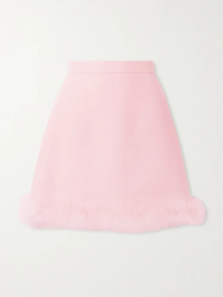 Feather-trimmed wool and silk-blend crepe mini skirt