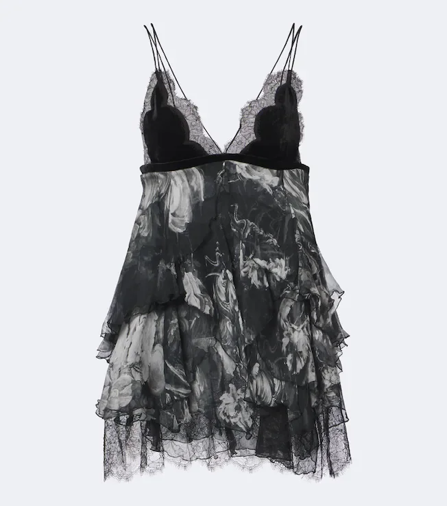 Lace-trimmed printed silk mini dress