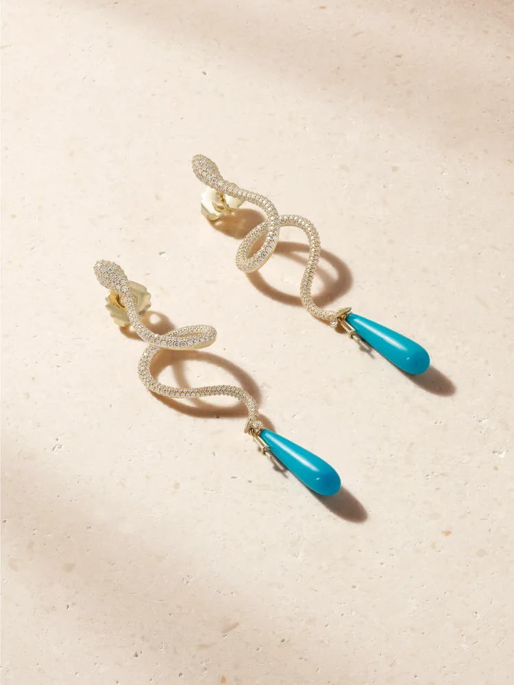Snakes 18-karat gold, turquoise and diamond earrings