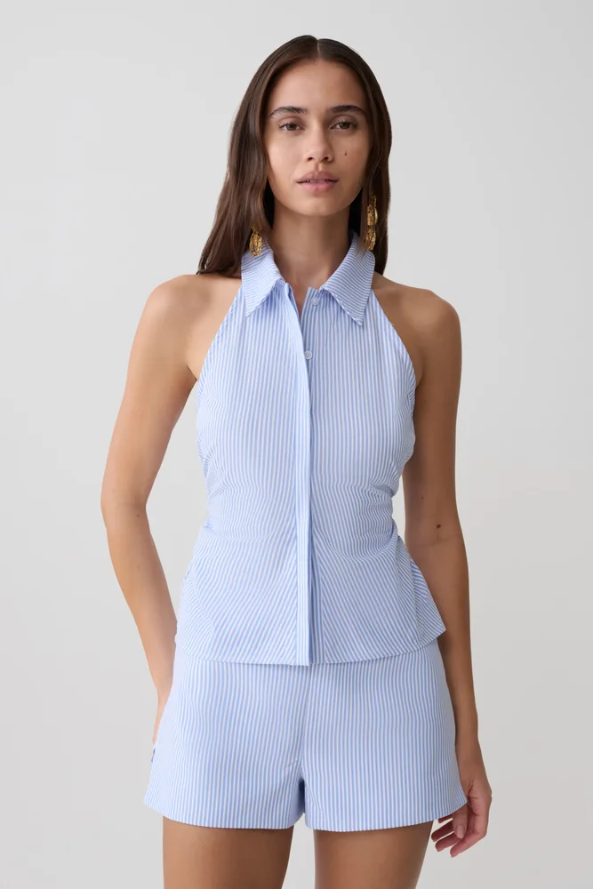 Allison Halter Sleeveless Shirt - Blue Pinstripe