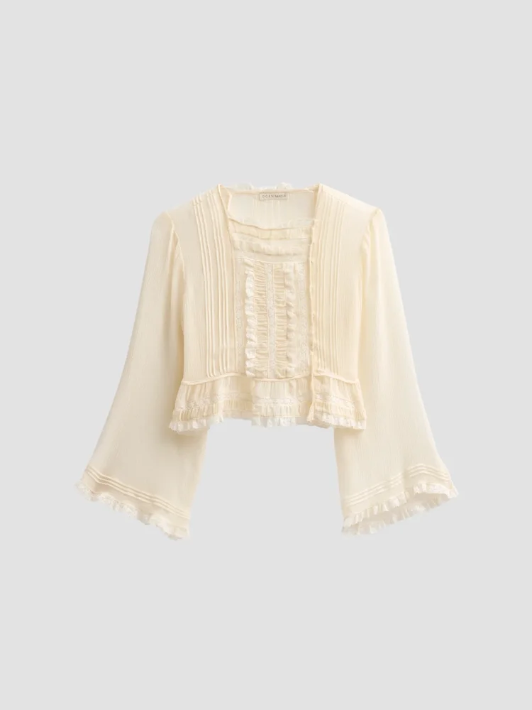 Elodine Lace-Trim Silk Plissé Top