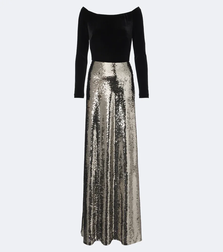Sequined velvet-paneled off-shoulder gown