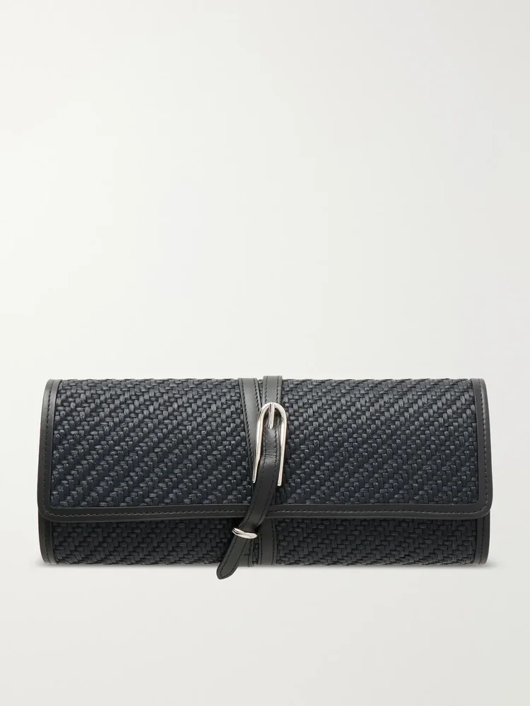 Belted leather-trimmed raffia clutch