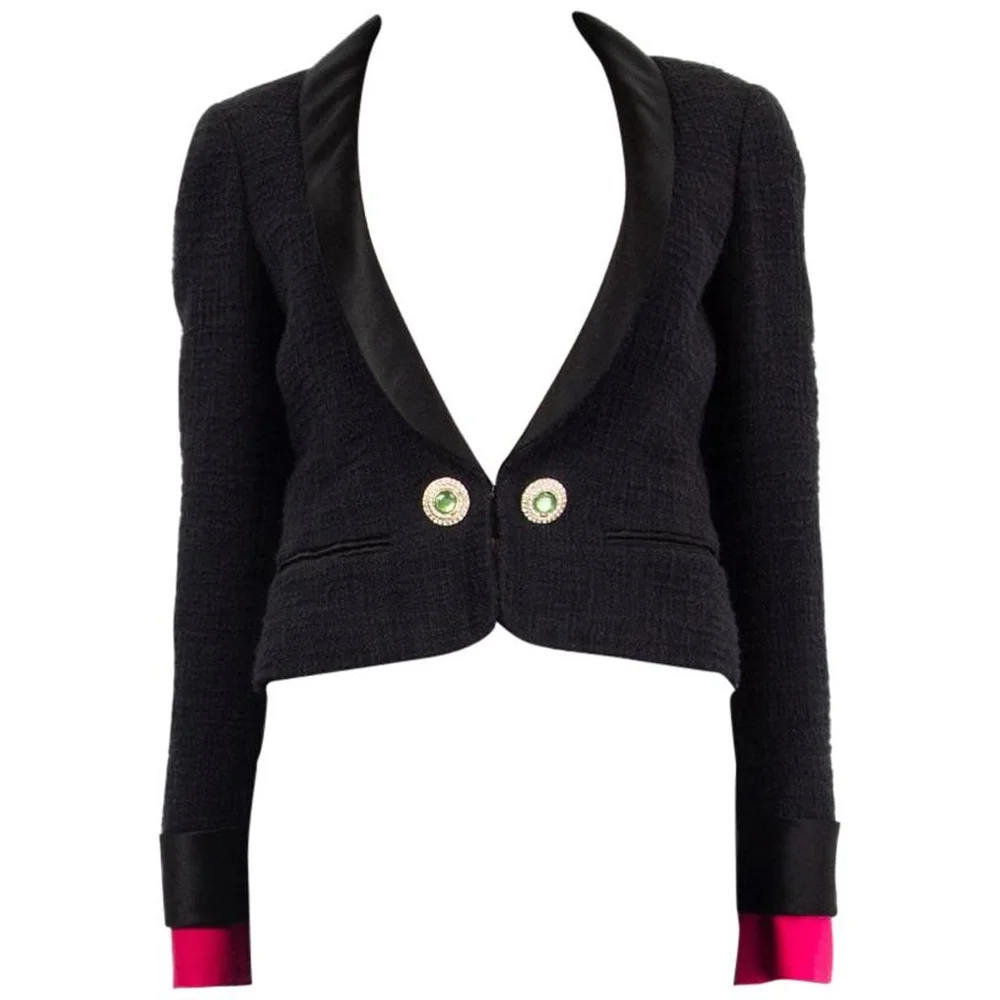 Chanel black cotton Satin Lapel Cropped Tweed Blazer Jacket 36 XS