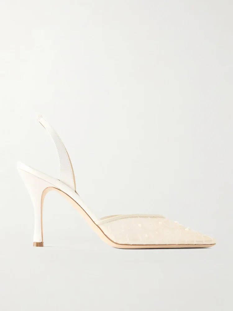 Archer embellished satin-trimmed mesh slingback pumps