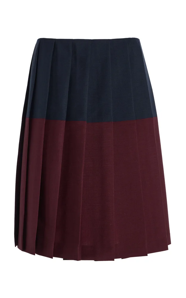 Colorblocked Pleated Wool Midi Skirt