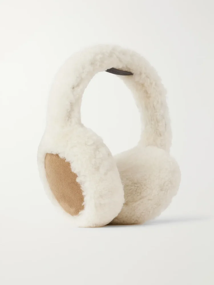 Suede-Trimmed Shearling Earmuffs, Off-White
