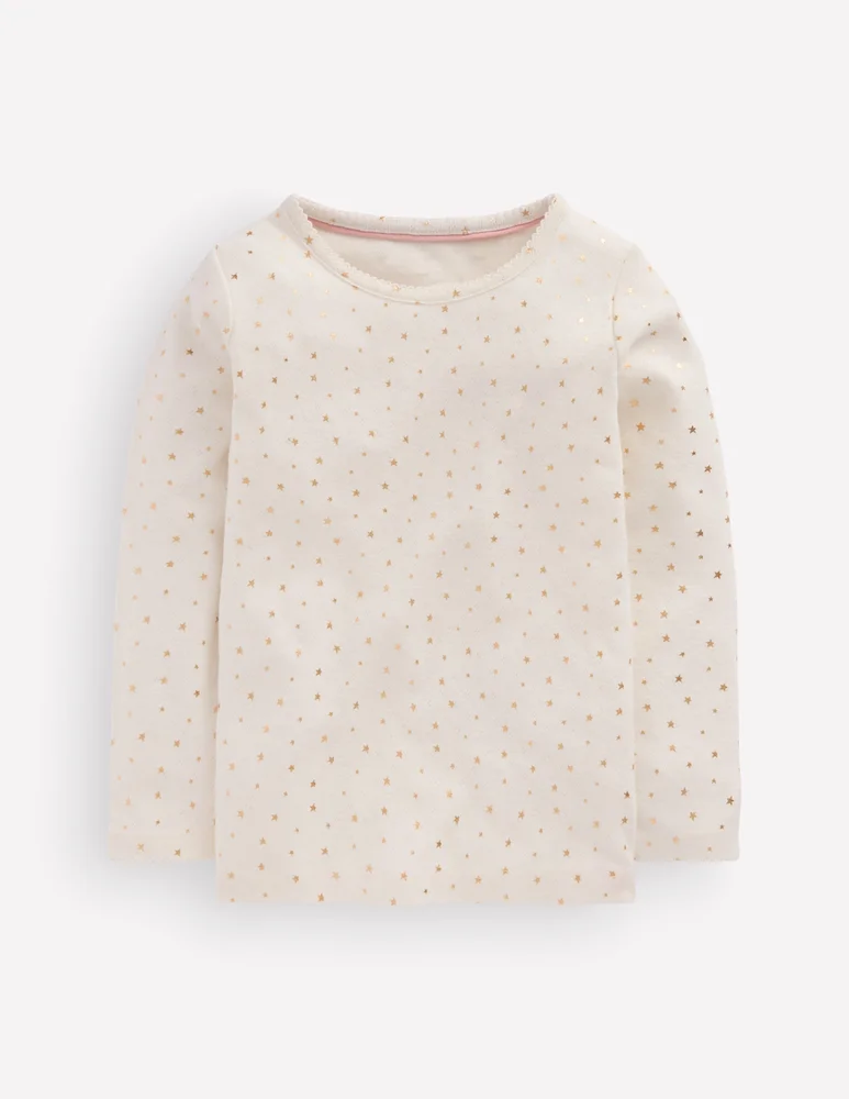 Long Sleeve Pointelle Top-Ivory Gold Foil