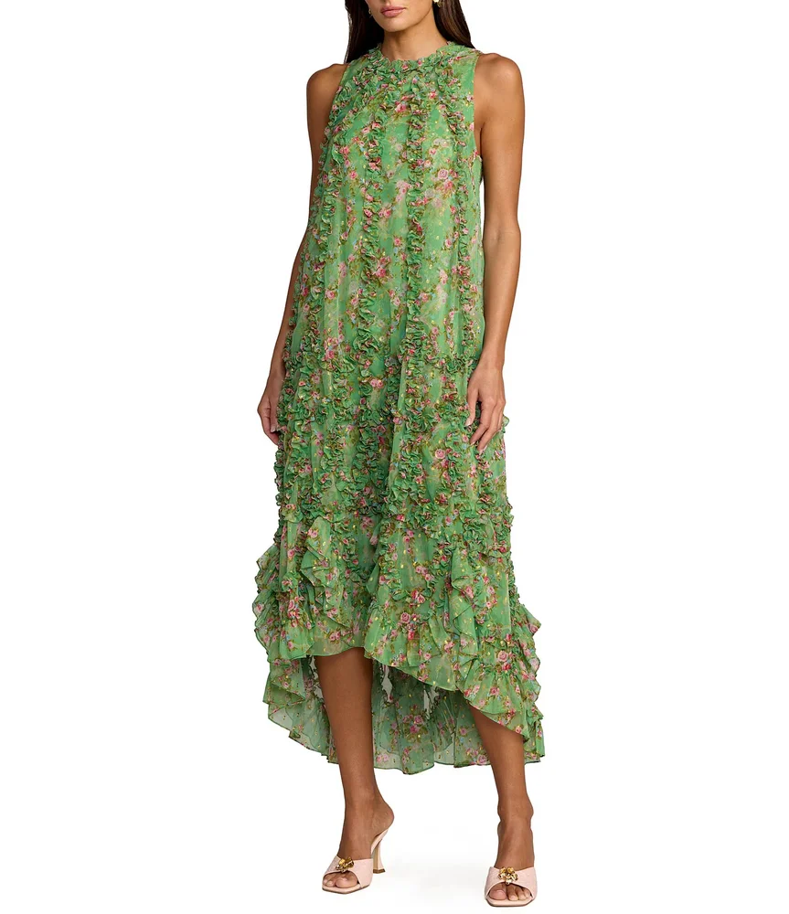 Mock Neck Micro Ruffle Printed Chiffon Shift Midi Dress
