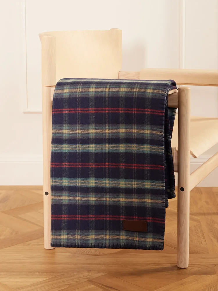 Georgia leather-trimmed whipstitched checked wool and cashmere-blend blanket