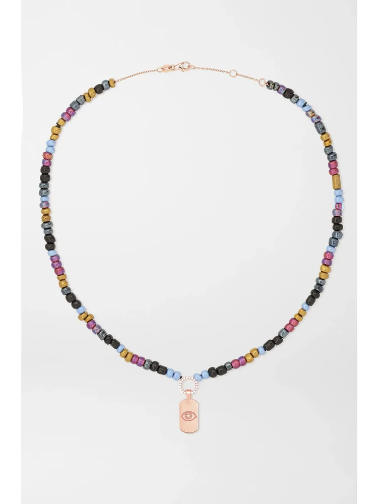 Evil Eye 14-karat rose gold, bead and diamond necklace