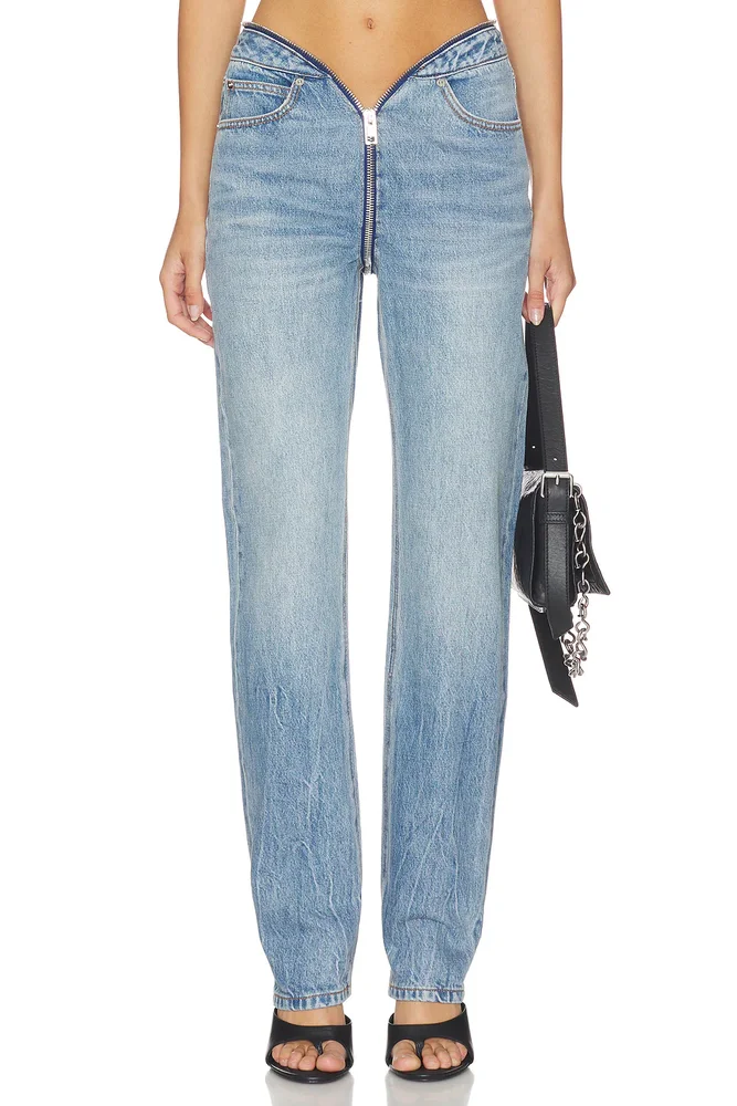 Dipped V Zip Waistband Straight Leg Jeans