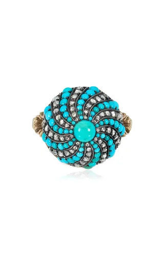 Antique 14K Yellow GoldTurquoise And Diamond Bombé Swirl Ring