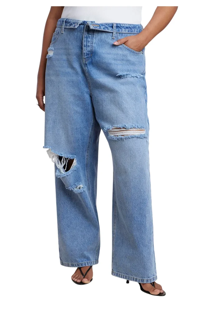 Foldover Waistband Distressed Straight Leg Jean (Plus)