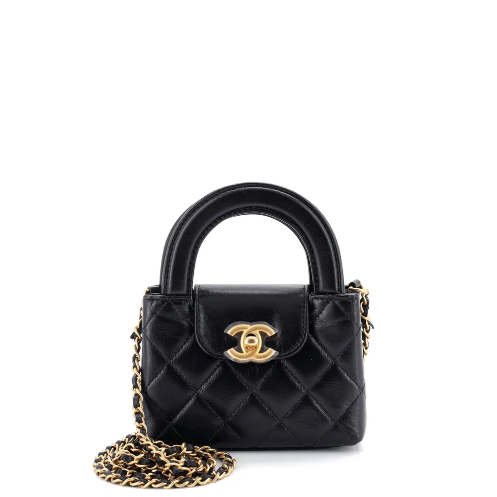 chanel Kelly Top Handle Shopping Bag Quilted Shiny Aged Calfskin Nano