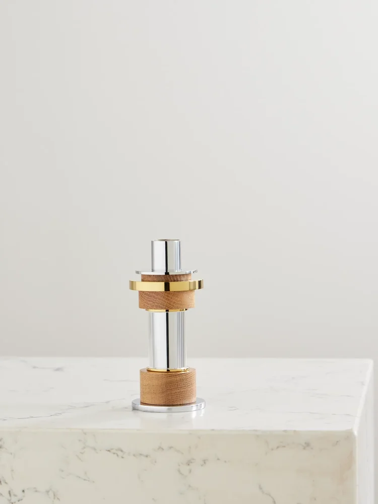 Myriade medium stainless steel, gold-tone, oak and glass candle holder