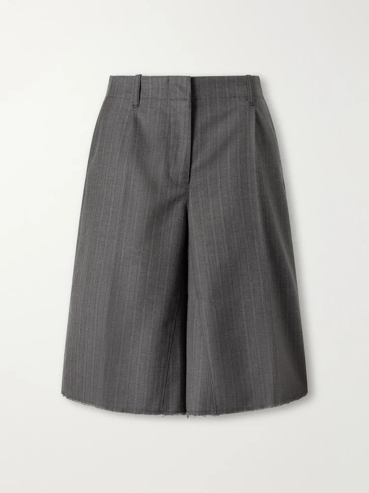 Jumbo distressed pleated striped cotton and wool-blend shorts
