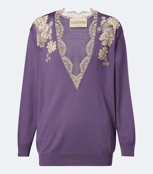 Lace-trimmed virgin wool sweater