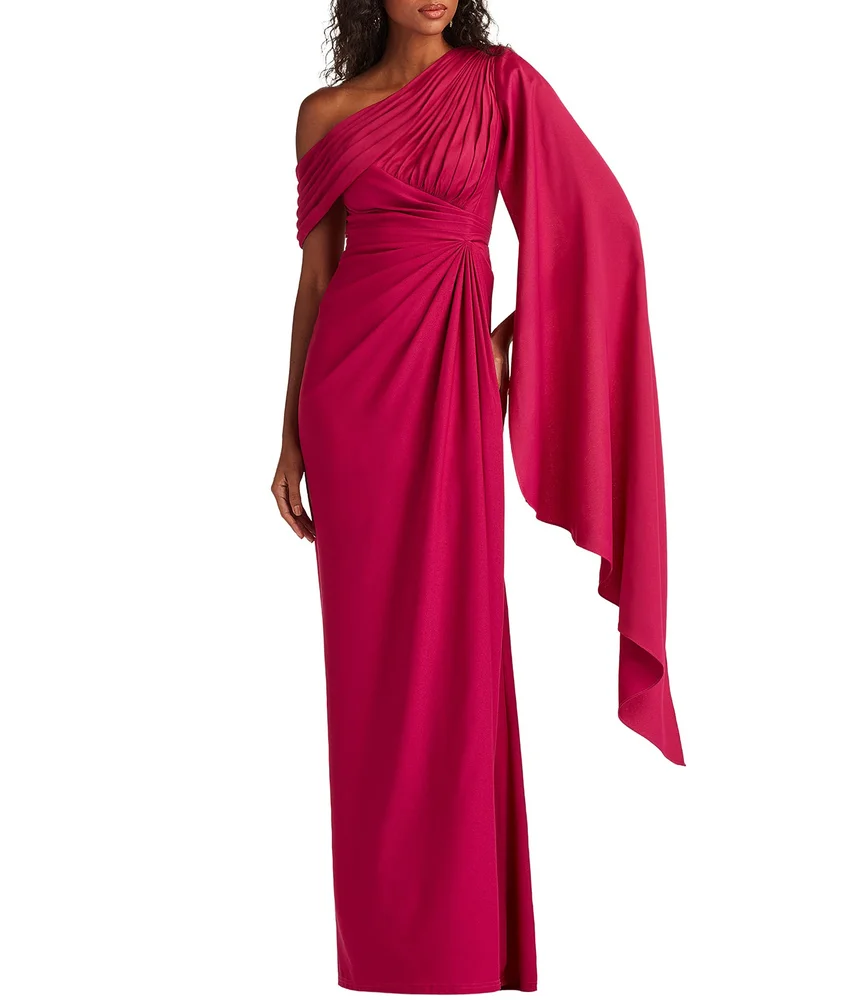One Shoulder Scarf Sleeve Side Twist Crepe Sheath Gown