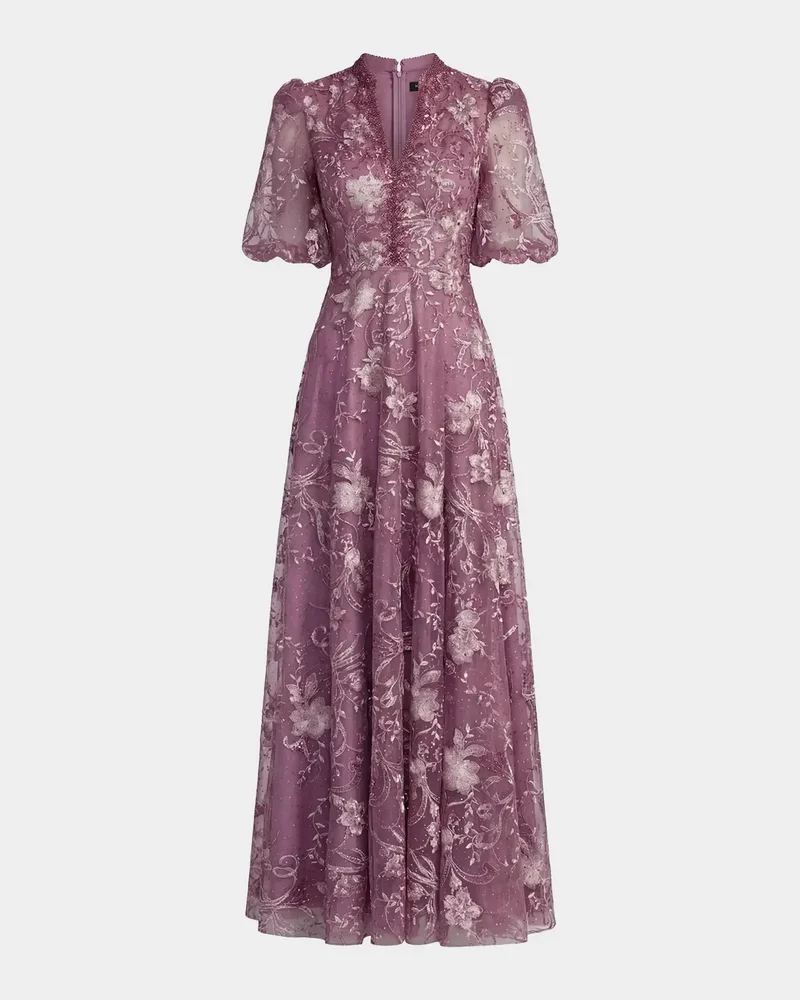 Floral-Embroidered Puff A-Line Gown