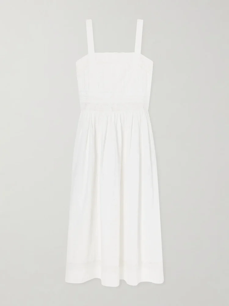 Antigua lace-trimmed embroidered cotton midi dress
