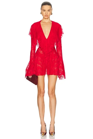 Long Sleeve Deep V Ruffle Mini Dress