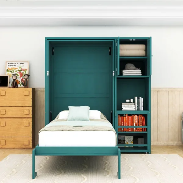 Twin Murphy Wall Bed with Top Cabinet, Extendable Desk and Shelves