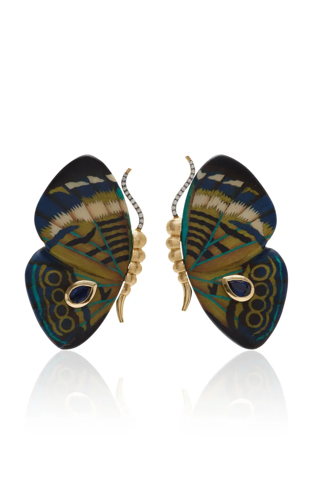 18K Yellow Gold Diamond, Kyanite And Marquetry Earrings