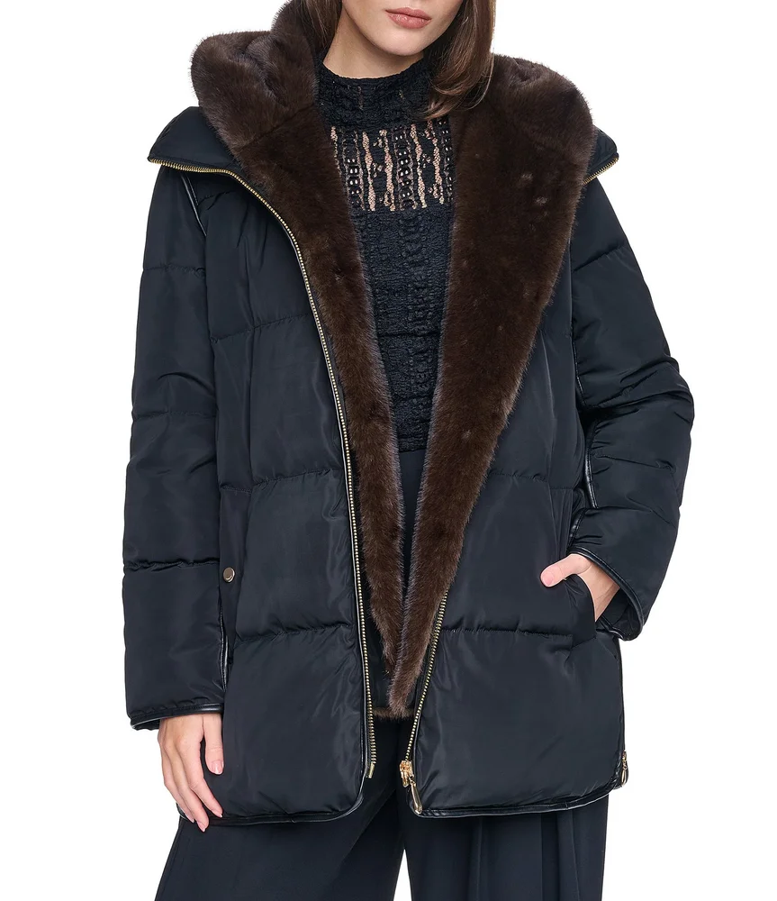 Faux Fur Trim Inner Vest Hooded Zip Front Down Puffer Jacket