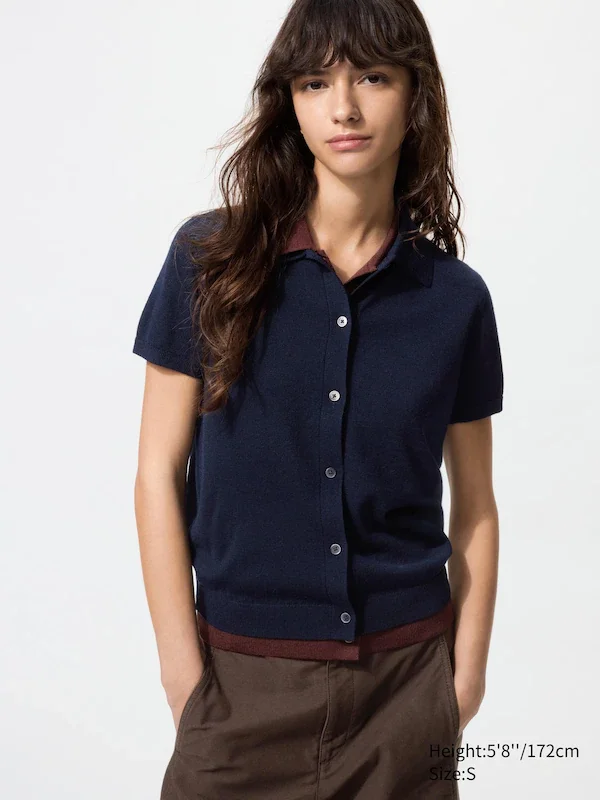 Merino Blend Polo Cardigan | Short Sleeve