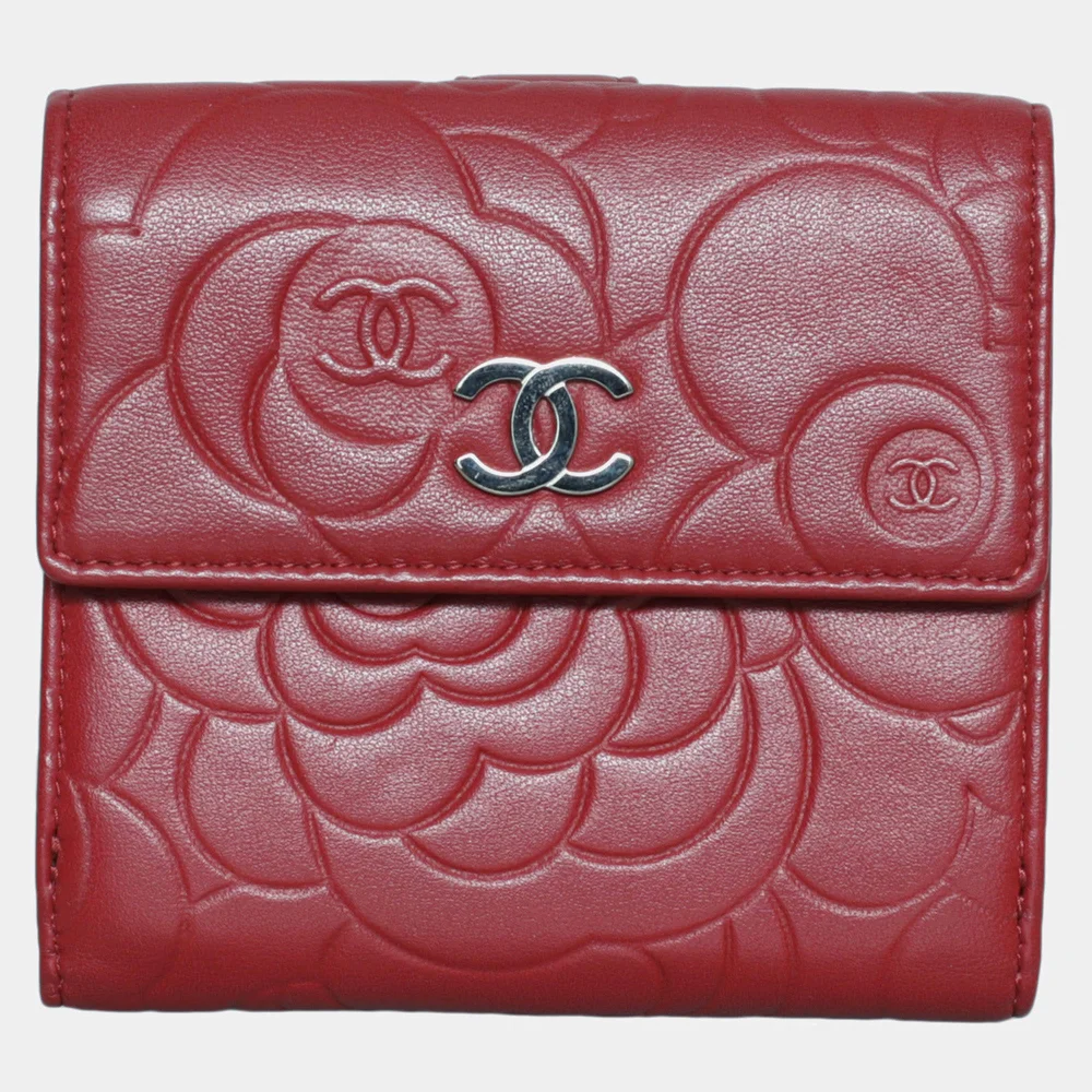 Camellia Red Grained Calfskin Leather Wallet