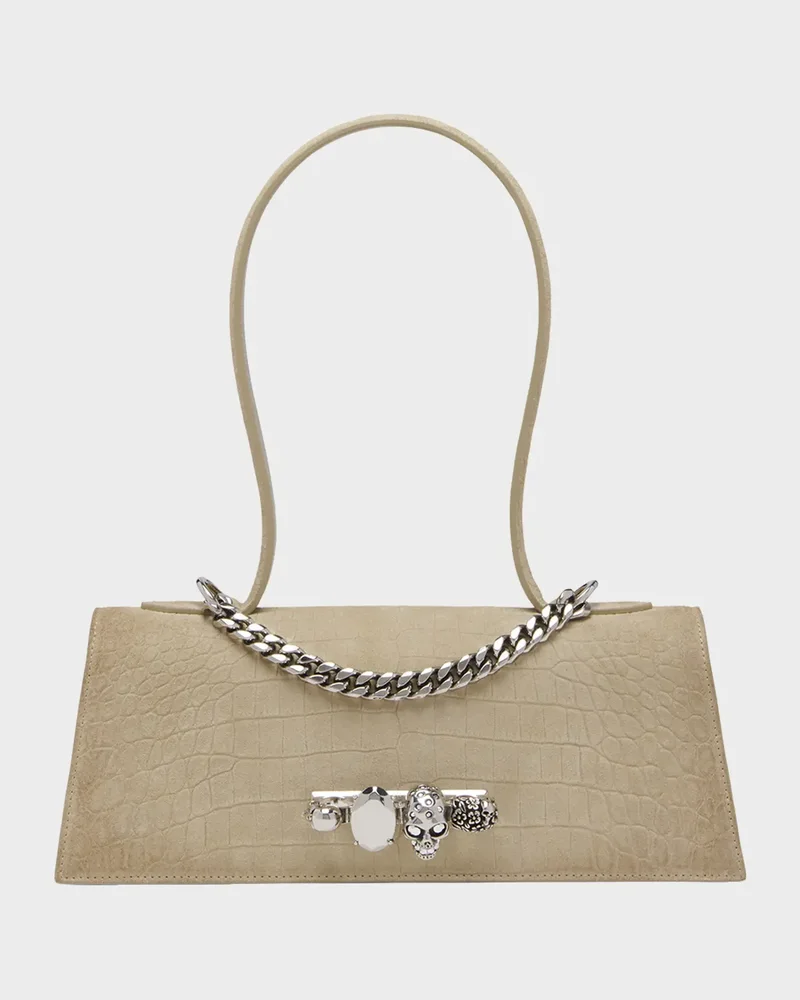 Jewelled Croc-Embossed Suede Top-Handle Bag